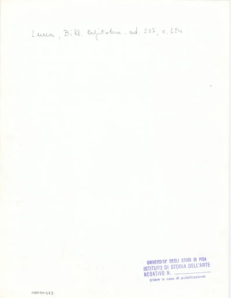 Universit&agrave; di Pisa. Dipartimento di Storia delle Arti , Anonimo italiano - sec. XIII/ XIV - Lucca, Biblioteca Capitolare Feliniana, Ms. 287, f. 124r, particolare , retro