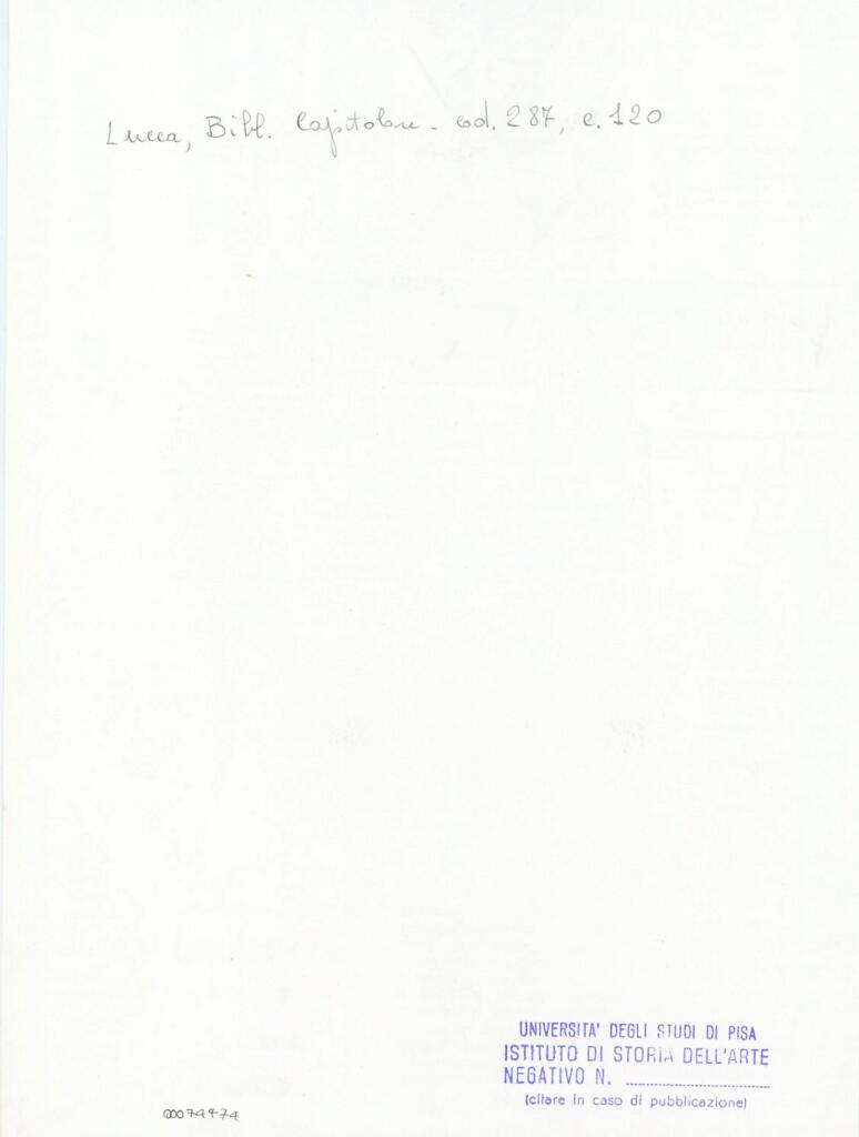 Università di Pisa. Dipartimento di Storia delle Arti , Anonimo italiano - sec. XIII/ XIV - Lucca, Biblioteca Capitolare Feliniana, Ms. 287, f. 120r, particolare , retro