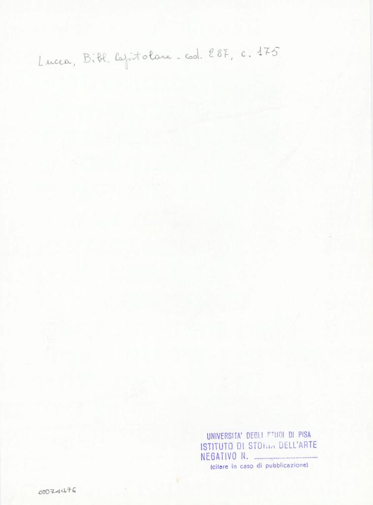 Università di Pisa. Dipartimento di Storia delle Arti , Anonimo italiano - sec. XIII/ XIV - Lucca, Biblioteca Capitolare Feliniana, Ms. 287, f. 175r, particolare , retro