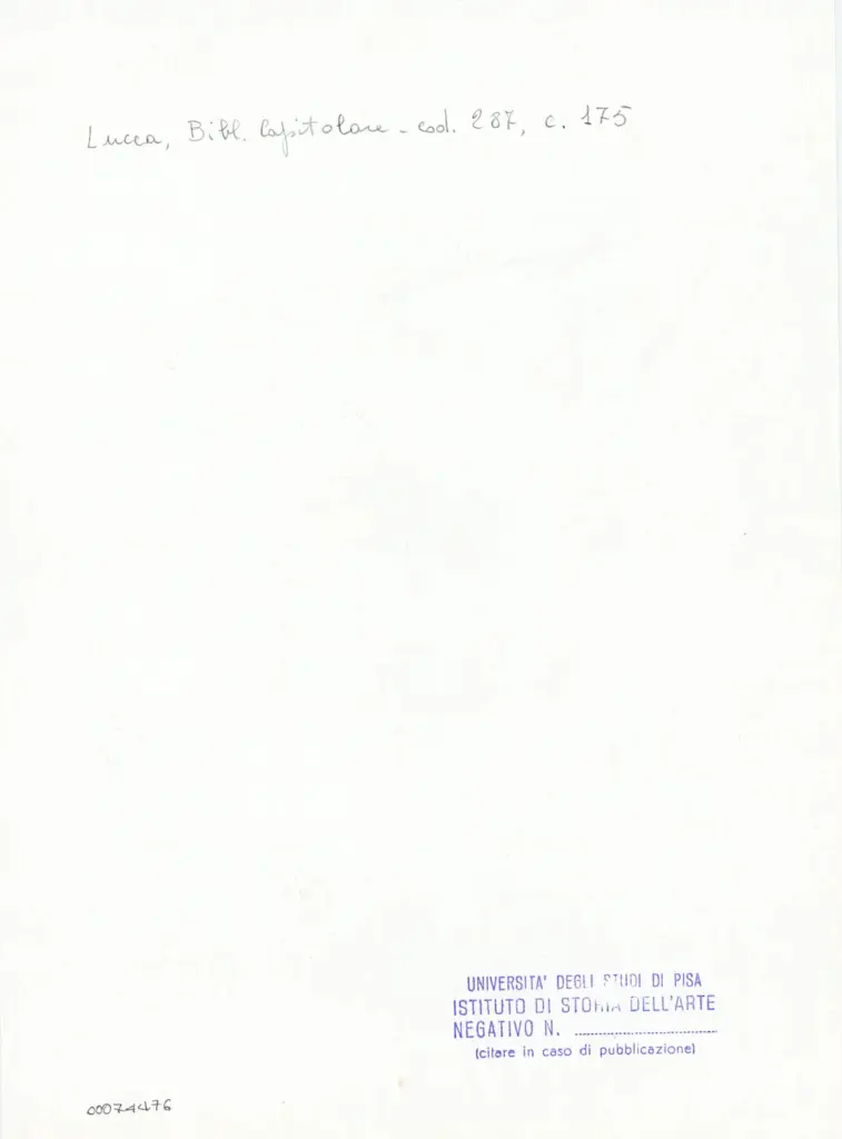 Universit&agrave; di Pisa. Dipartimento di Storia delle Arti , Anonimo italiano - sec. XIII/ XIV - Lucca, Biblioteca Capitolare Feliniana, Ms. 287, f. 175r, particolare , retro