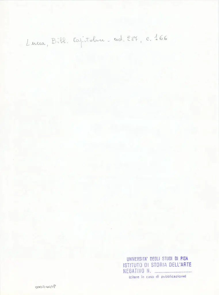 Universit&agrave; di Pisa. Dipartimento di Storia delle Arti , Anonimo italiano - sec. XIII/ XIV - Lucca, Biblioteca Capitolare Feliniana, Ms. 287, f. 166r, particolare , retro
