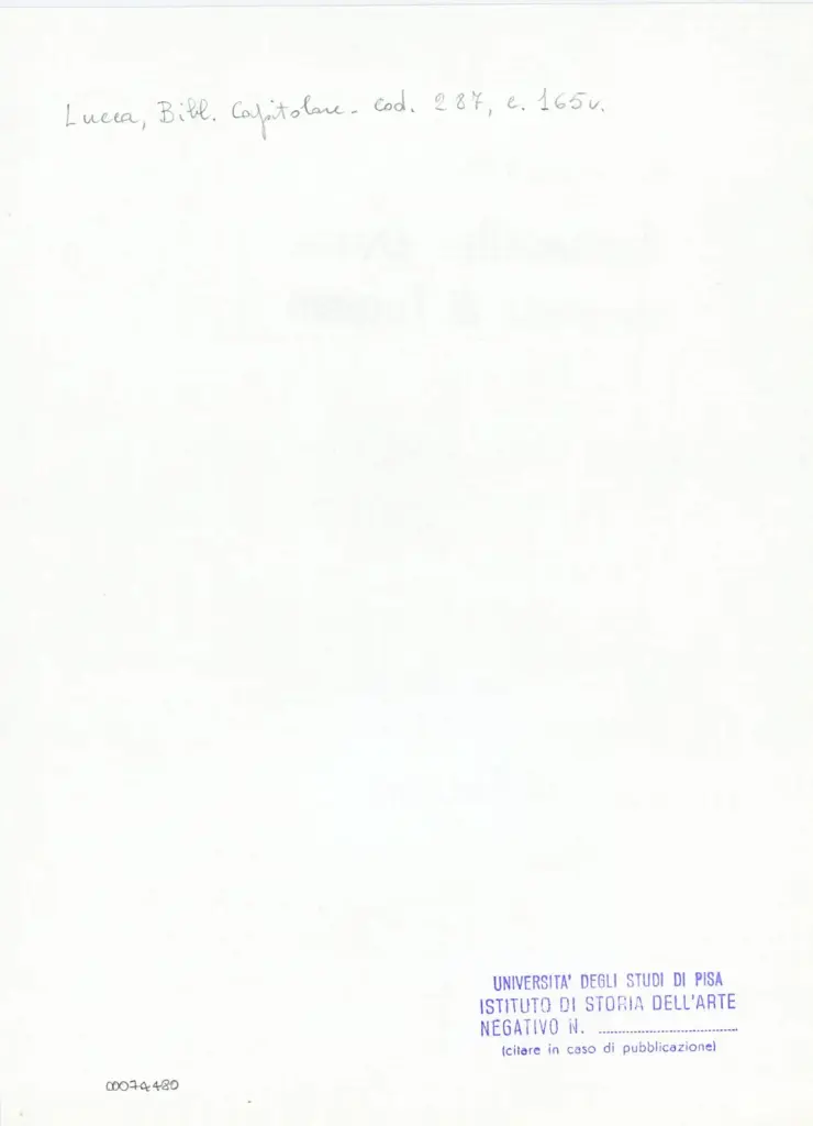 Universit&agrave; di Pisa. Dipartimento di Storia delle Arti , Anonimo italiano - sec. XIII/ XIV - Lucca, Biblioteca Capitolare Feliniana, Ms. 287, f. 165v, particolare , retro