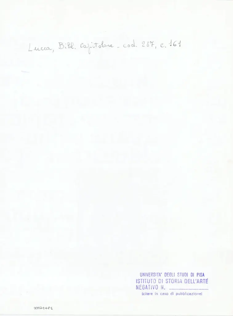 Università di Pisa. Dipartimento di Storia delle Arti , Anonimo italiano - sec. XIII/ XIV - Lucca, Biblioteca Capitolare Feliniana, Ms. 287, f. 287, f. 161r, particolare , retro
