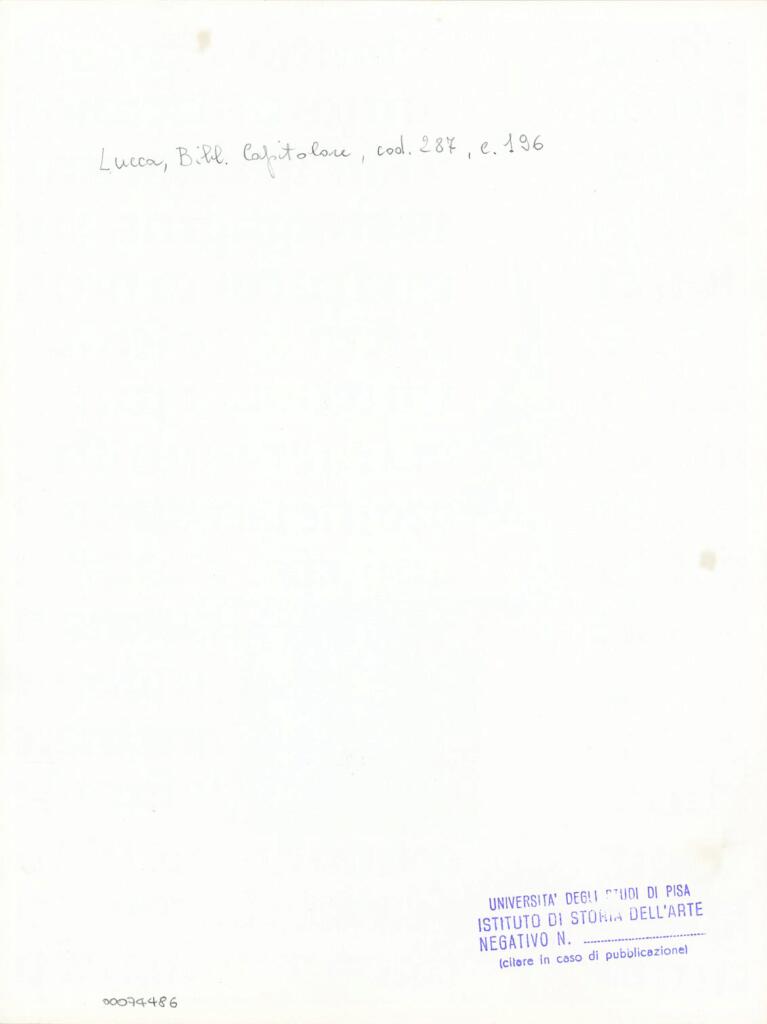 Università di Pisa. Dipartimento di Storia delle Arti , Anonimo italiano - sec. XIII/ XIV - Lucca, Biblioteca Capitolare Feliniana, Ms. 287, f. 196r, particolare , retro