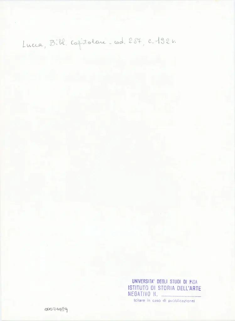 Universit&agrave; di Pisa. Dipartimento di Storia delle Arti , Anonimo italiano - sec. XIII/ XIV - Lucca, Biblioteca Capitolare Feliniana, Ms. 287, f. 192v, particolare , retro