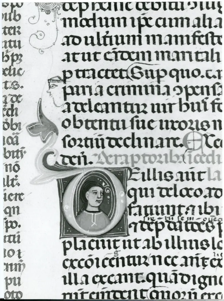 Anonimo italiano sec. XIII/XIV , Iniziale D, Iniziale abitata, Ritratto di uomo a mezzo busto, Motivi decorativi fitomorfi