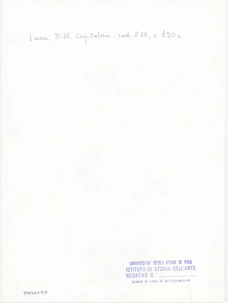 Universit&agrave; di Pisa. Dipartimento di Storia delle Arti , Anonimo italiano - sec. XIII/ XIV - Lucca, Biblioteca Capitolare Feliniana, Ms. 287, f. 190v, particolare , retro
