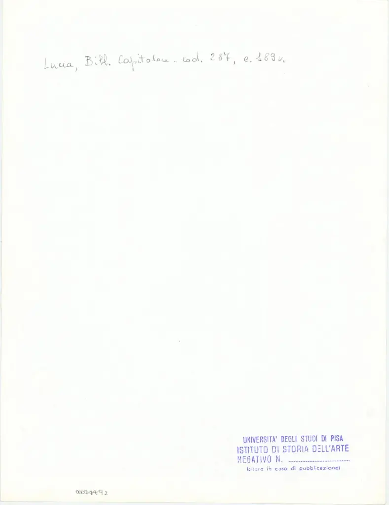 Universit&agrave; di Pisa. Dipartimento di Storia delle Arti , Anonimo italiano - sec. XIII/ XIV - Lucca, Biblioteca Capitolare Feliniana, Ms. 287, f. 189v, particolare , retro