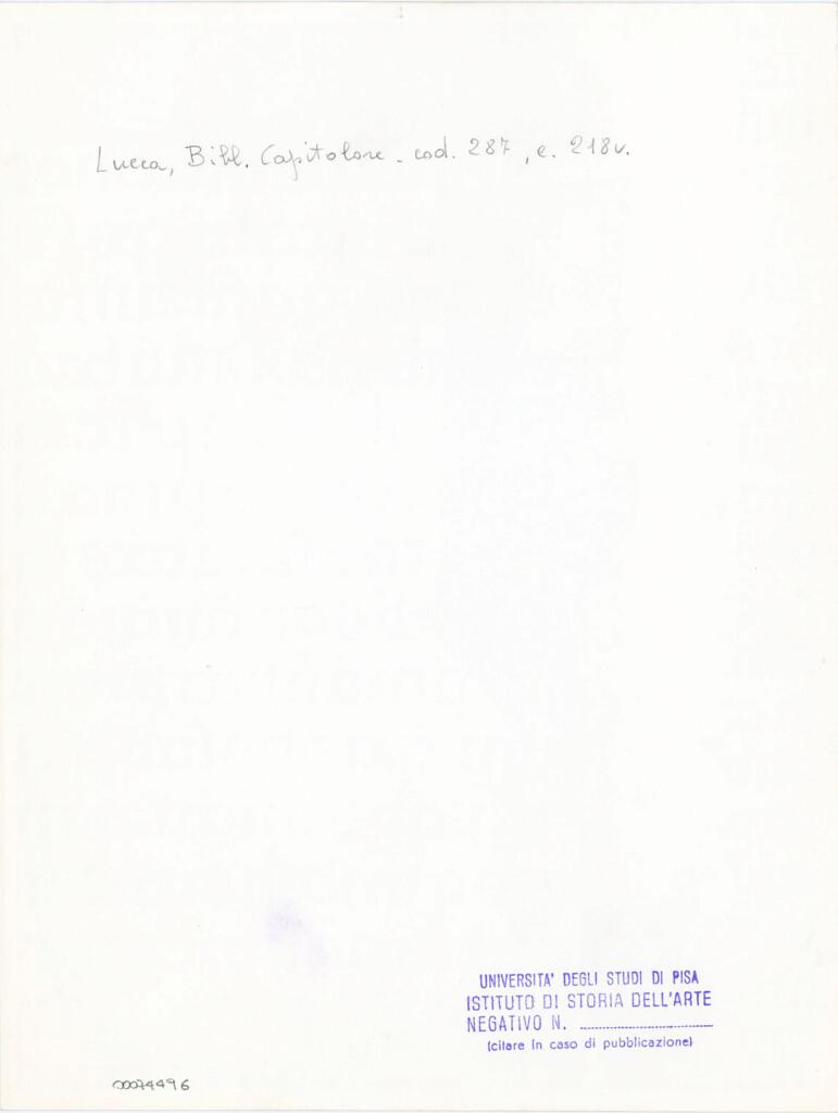 Università di Pisa. Dipartimento di Storia delle Arti , Anonimo italiano - sec. XIII/ XIV - Lucca, Biblioteca Capitolare Feliniana, Ms. 287, f. 218v, particolare , retro