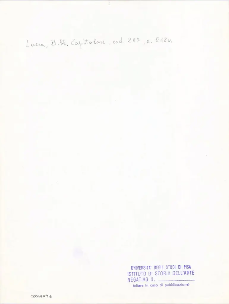 Universit&agrave; di Pisa. Dipartimento di Storia delle Arti , Anonimo italiano - sec. XIII/ XIV - Lucca, Biblioteca Capitolare Feliniana, Ms. 287, f. 218v, particolare , retro