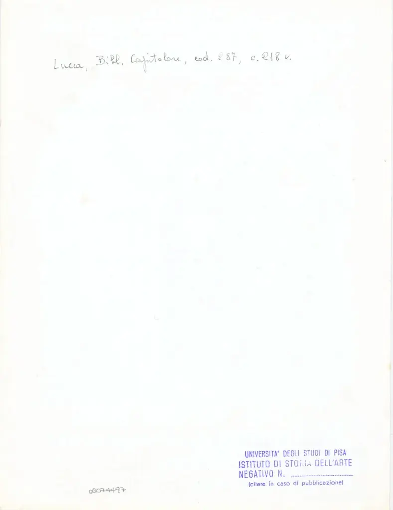 Universit&agrave; di Pisa. Dipartimento di Storia delle Arti , Anonimo italiano - sec. XIII/ XIV - Lucca, Biblioteca Capitolare Feliniana, Ms. 287, f. 218v, particolare , retro