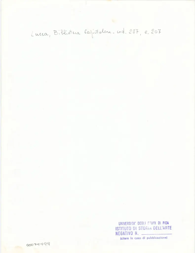 Universit&agrave; di Pisa. Dipartimento di Storia delle Arti , Anonimo italiano - sec. XIII/ XIV - Lucca, Biblioteca Capitolare Feliniana, Ms. 287, f. 207, particolare , retro