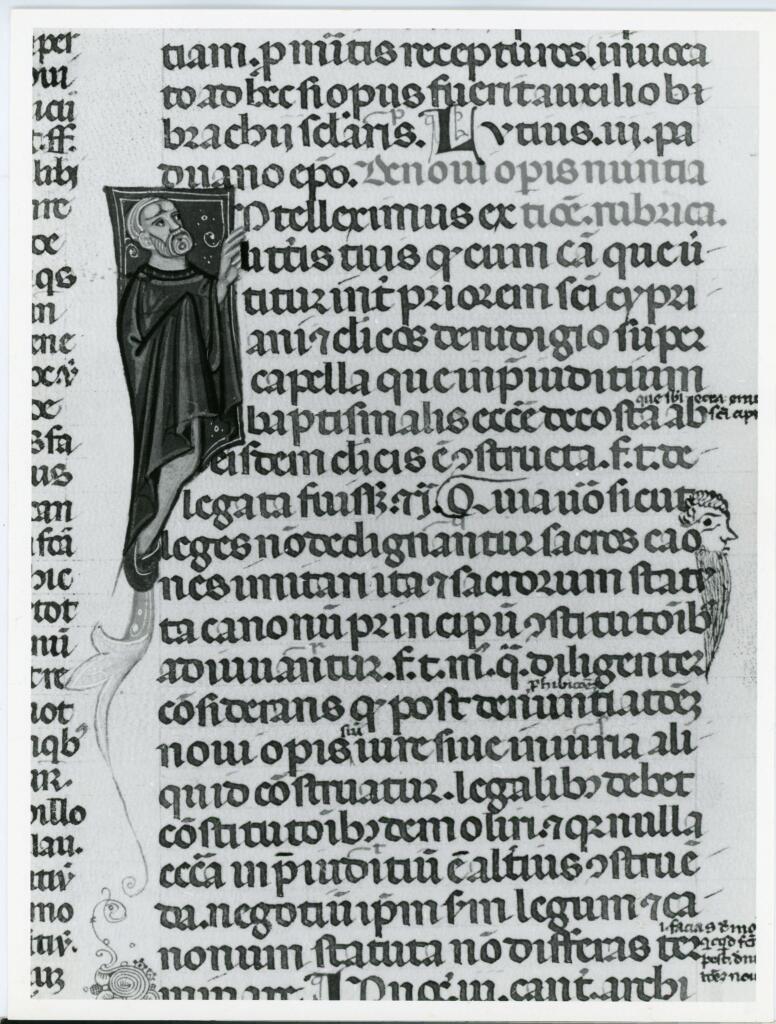 Anonimo italiano sec. XIII/XIV , Iniziale I, Iniziale figurata, Figura maschile, Motivi decorativi fitomorfi