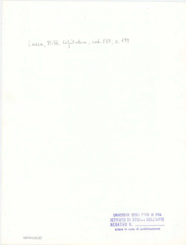 Università di Pisa. Dipartimento di Storia delle Arti , Anonimo italiano - sec. XIII/ XIV - Lucca, Biblioteca Capitolare Feliniana, Ms. 287, f. 199r, particolare , retro