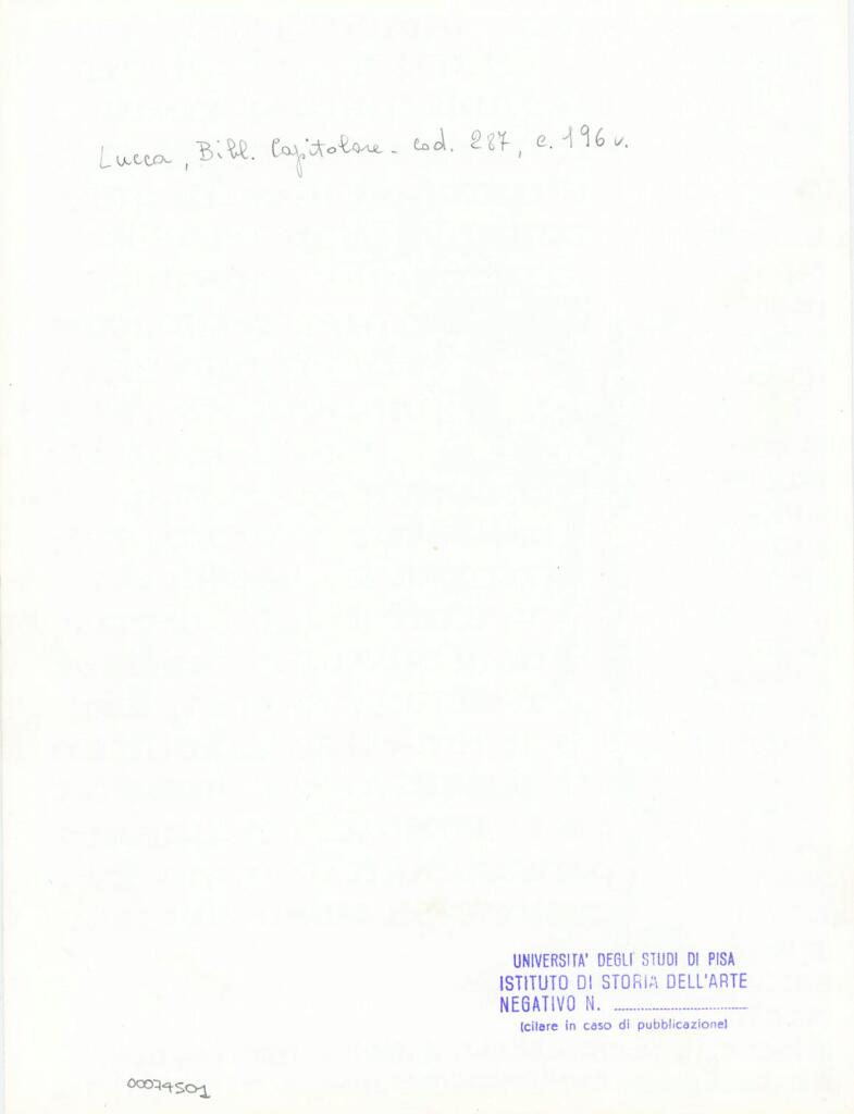 Università di Pisa. Dipartimento di Storia delle Arti , Anonimo italiano - sec. XIII/ XIV - Lucca, Biblioteca Capitolare Feliniana, Ms. 287, f. 196v, particolare , retro