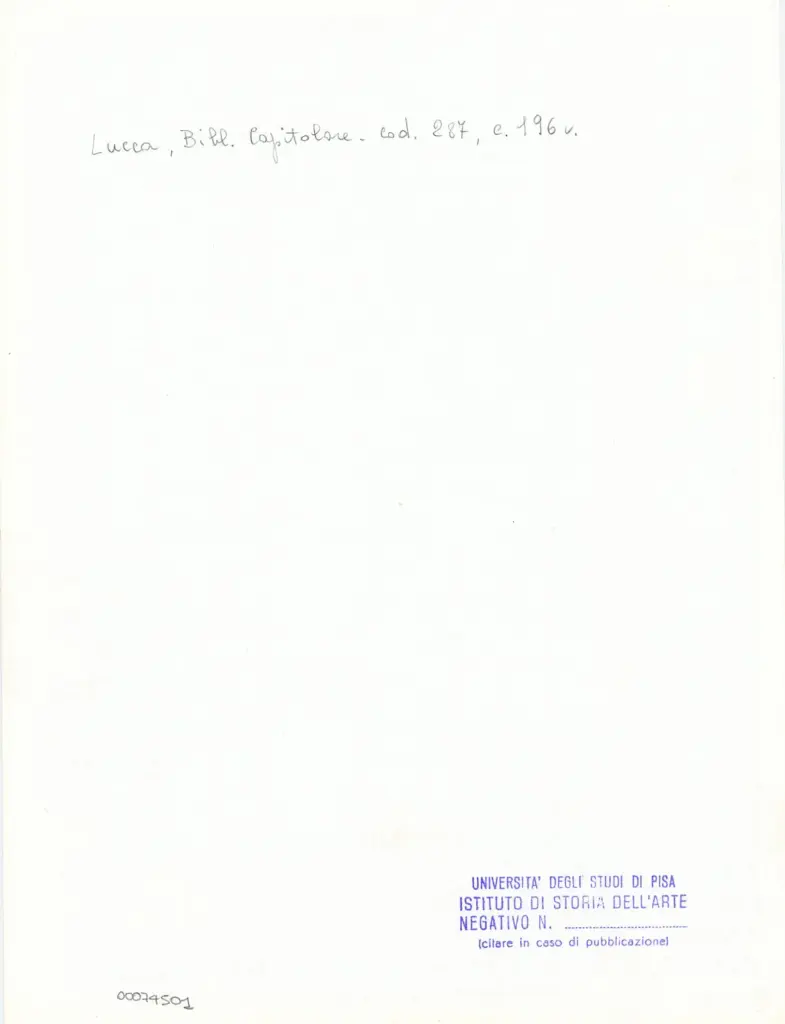 Universit&agrave; di Pisa. Dipartimento di Storia delle Arti , Anonimo italiano - sec. XIII/ XIV - Lucca, Biblioteca Capitolare Feliniana, Ms. 287, f. 196v, particolare , retro