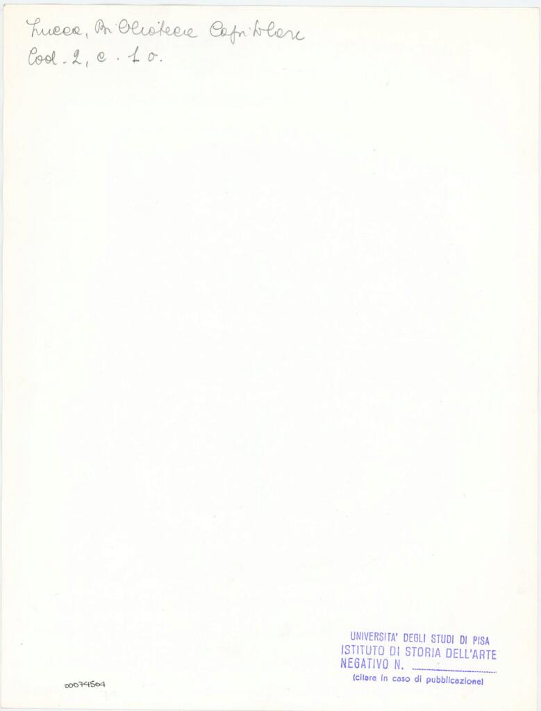 Università di Pisa. Dipartimento di Storia delle Arti , Anonimo italiano - sec. XI, fine - Lucca, Biblioteca Capitolare Feliniana, Ms. 2, f. 1v, particolare , retro