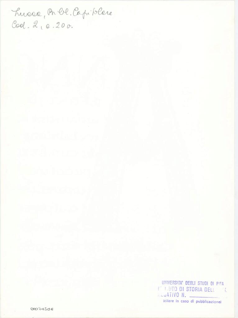Università di Pisa. Dipartimento di Storia delle Arti , Anonimo italiano - sec. XI, fine - Lucca, Biblioteca Capitolare Feliniana, Ms. 2, f. 20v, particolare , retro