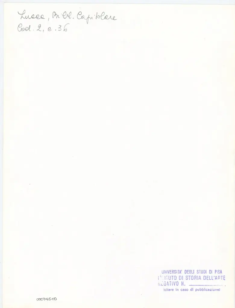 Universit&agrave; di Pisa. Dipartimento di Storia delle Arti , Anonimo italiano - sec. XI, fine - Lucca, Biblioteca Capitolare Feliniana, Ms. 2, f. 36r, particolare , retro