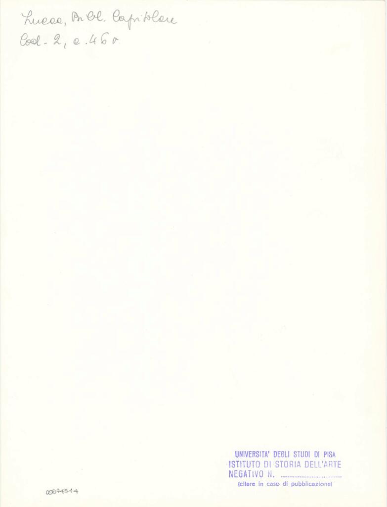 Università di Pisa. Dipartimento di Storia delle Arti , Anonimo italiano - sec. XI, fine - Lucca, Biblioteca Capitolare Feliniana, Ms. 2, f. 46v, particolare , retro