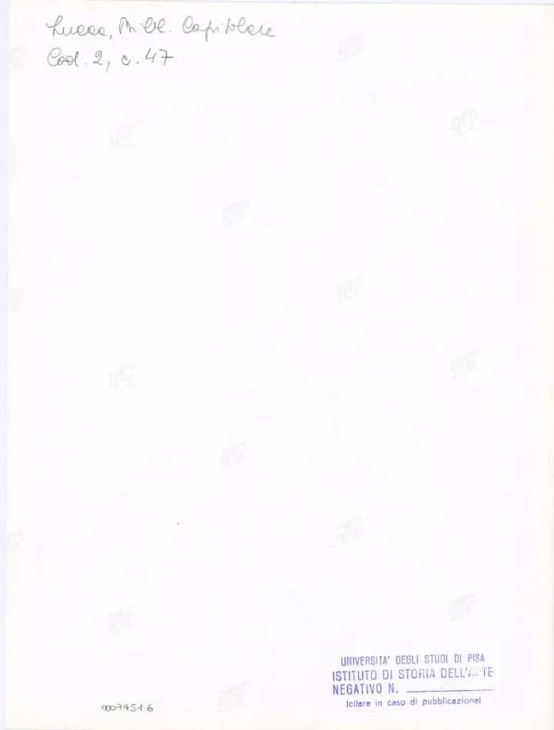 Università di Pisa. Dipartimento di Storia delle Arti , Anonimo italiano - sec. XI, fine - Lucca, Biblioteca Capitolare Feliniana, Ms. 2, f. 47r, intero , retro