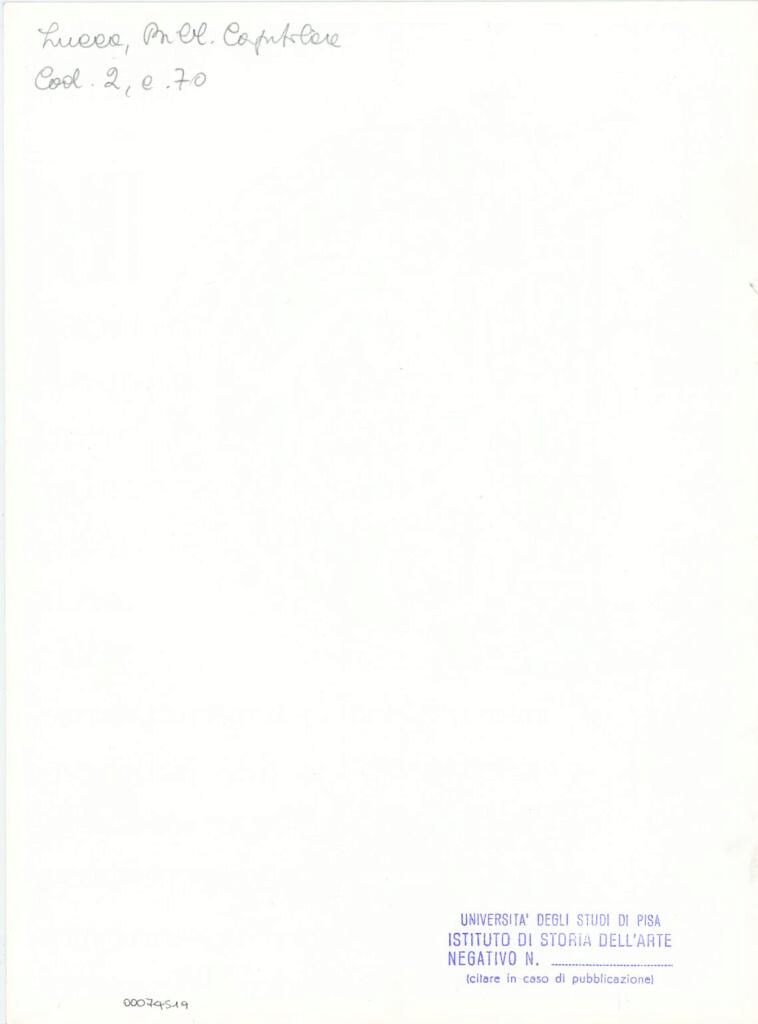 Università di Pisa. Dipartimento di Storia delle Arti , Anonimo italiano - sec. XI, fine - Lucca, Biblioteca Capitolare Feliniana, Ms. 2, f. 70r, particolare , retro