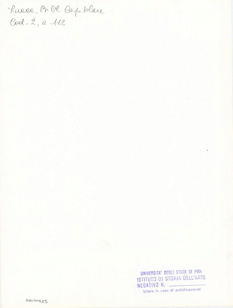 Università di Pisa. Dipartimento di Storia delle Arti , Anonimo italiano - sec. XI, fine - Lucca, Biblioteca Capitolare Feliniana, Ms. 2, f. 112r, particolare , retro