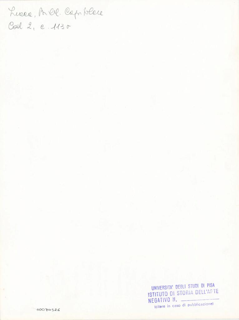 Università di Pisa. Dipartimento di Storia delle Arti , Anonimo italiano - sec. XI, fine - Lucca, Biblioteca Capitolare Feliniana, Ms. 2, f. 113v, particolare , retro