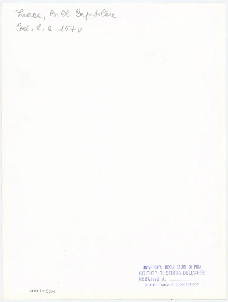 Università di Pisa. Dipartimento di Storia delle Arti , Anonimo italiano - sec. XI, fine - Lucca, Biblioteca Capitolare Feliniana, Ms. 2, f. 157v, particolare , retro