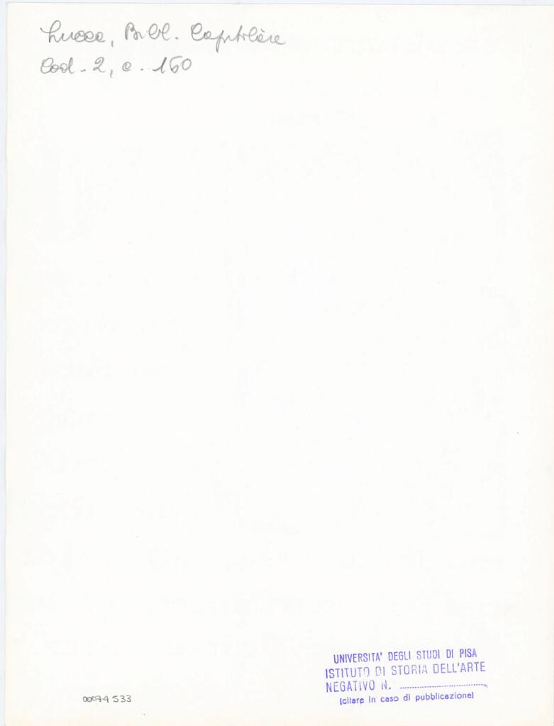 Università di Pisa. Dipartimento di Storia delle Arti , Anonimo italiano - sec. XI, fine - Lucca, Biblioteca Capitolare Feliniana, Ms. 2, f. 160r, particolare , retro