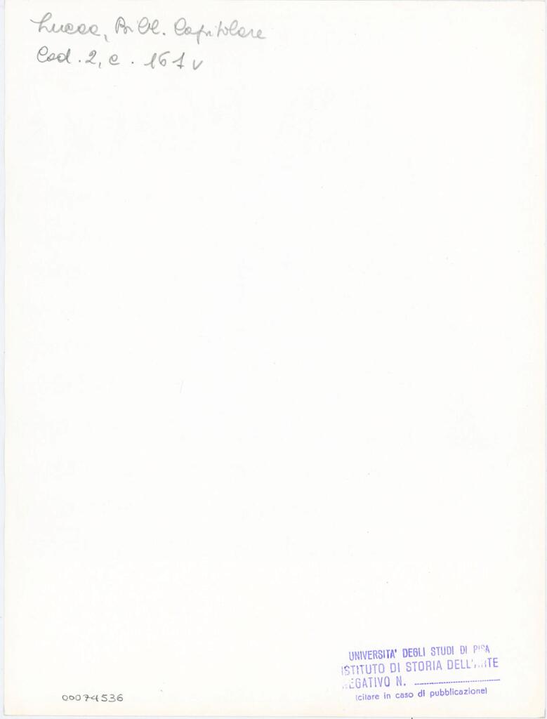 Università di Pisa. Dipartimento di Storia delle Arti , Anonimo italiano - sec. XI, fine - Lucca, Biblioteca Capitolare Feliniana, Ms. 2, f. 161v, particolare , retro