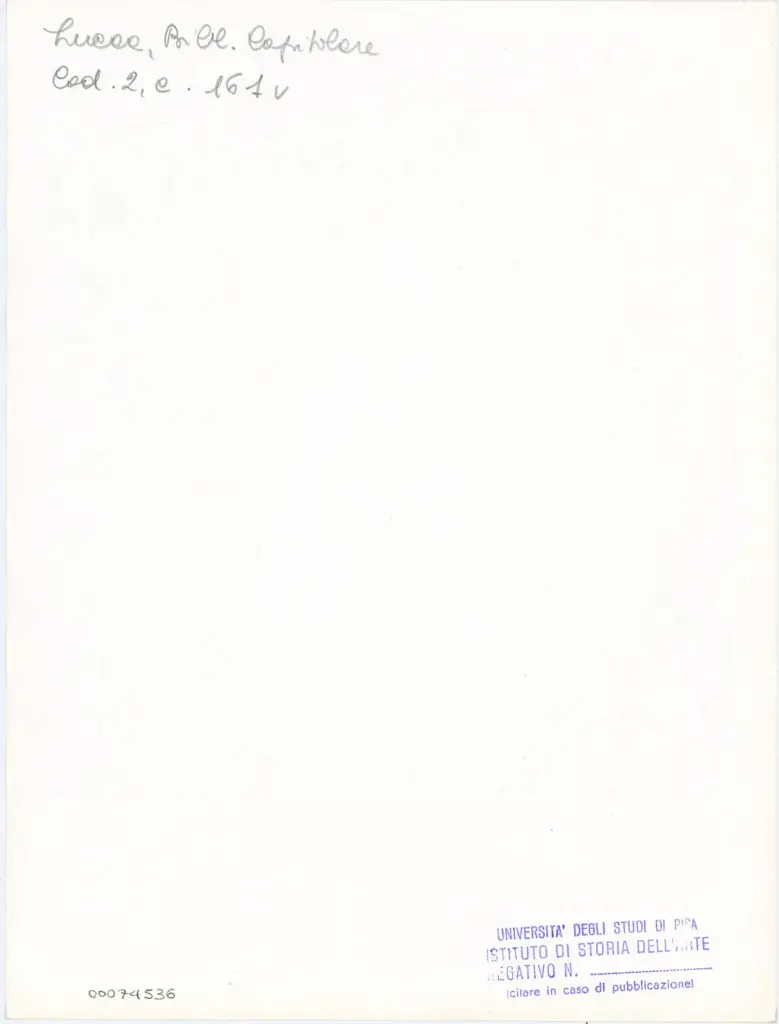 Università di Pisa. Dipartimento di Storia delle Arti , Anonimo italiano - sec. XI, fine - Lucca, Biblioteca Capitolare Feliniana, Ms. 2, f. 161v, particolare , retro