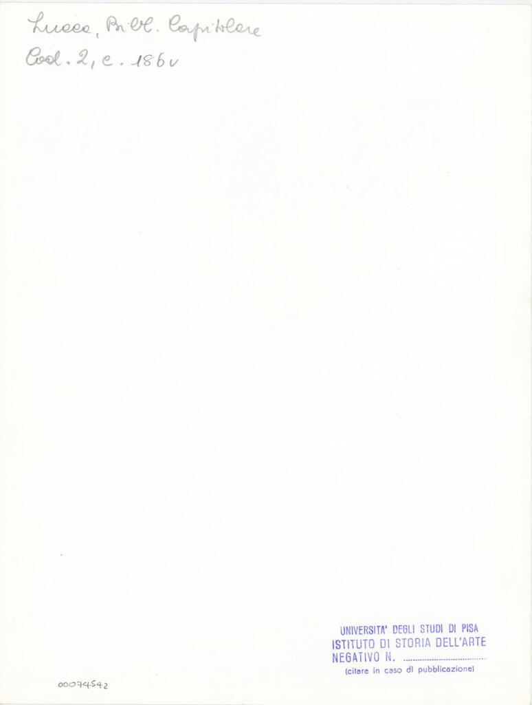 Università di Pisa. Dipartimento di Storia delle Arti , Anonimo italiano - sec. XI, fine - Lucca, Biblioteca Capitolare Feliniana, Ms. 2, f. 186v, particolare , retro