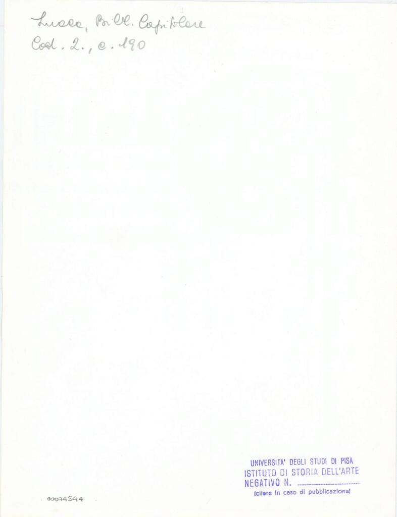 Università di Pisa. Dipartimento di Storia delle Arti , Anonimo italiano - sec. XI, fine - Lucca, Biblioteca Capitolare Feliniana, Ms. 2, f. 190r, particolare , retro