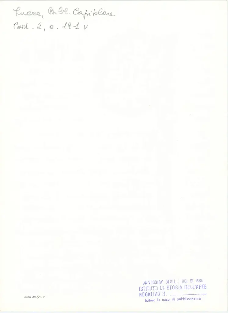 Università di Pisa. Dipartimento di Storia delle Arti , Anonimo italiano - sec. XI, fine - Lucca, Biblioteca Capitolare Feliniana, Ms. 2, f. 191v, particolare , retro