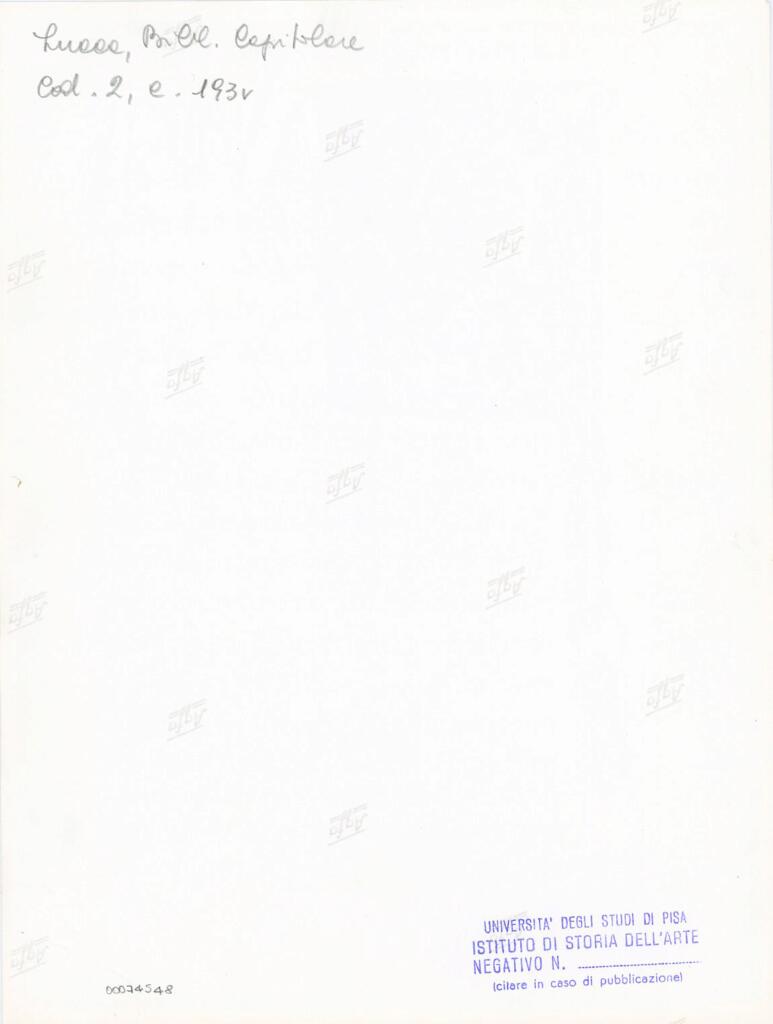 Università di Pisa. Dipartimento di Storia delle Arti , Anonimo italiano - sec. XI, fine - Lucca, Biblioteca Capitolare Feliniana, Ms. 2, f. 193v, particolare , retro