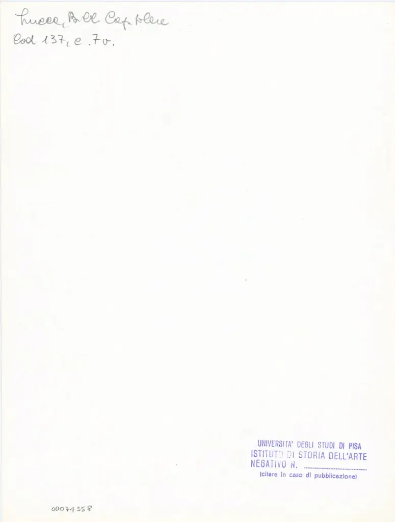 Universit&agrave; di Pisa. Dipartimento di Storia delle Arti , Anonimo italiano - sec. XIII, ultimo quarto - Lucca, Biblioteca Capitolare Feliniana, Ms. 137, f. 7v, particolare , retro