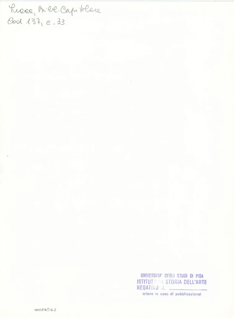 Universit&agrave; di Pisa. Dipartimento di Storia delle Arti , Anonimo italiano - sec. XIII, ultimo quarto - Lucca, Biblioteca Capitolare Feliniana, Ms. 137, f. 33r, particolare , retro