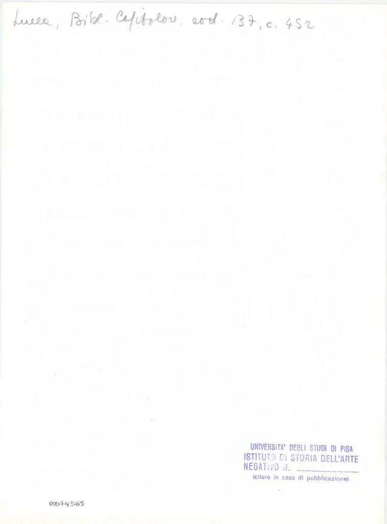 Università di Pisa. Dipartimento di Storia delle Arti , Anonimo italiano - sec. XIII, ultimo quarto - Lucca, Biblioteca Capitolare Feliniana, Ms. 137, f. 45r, particolare , retro