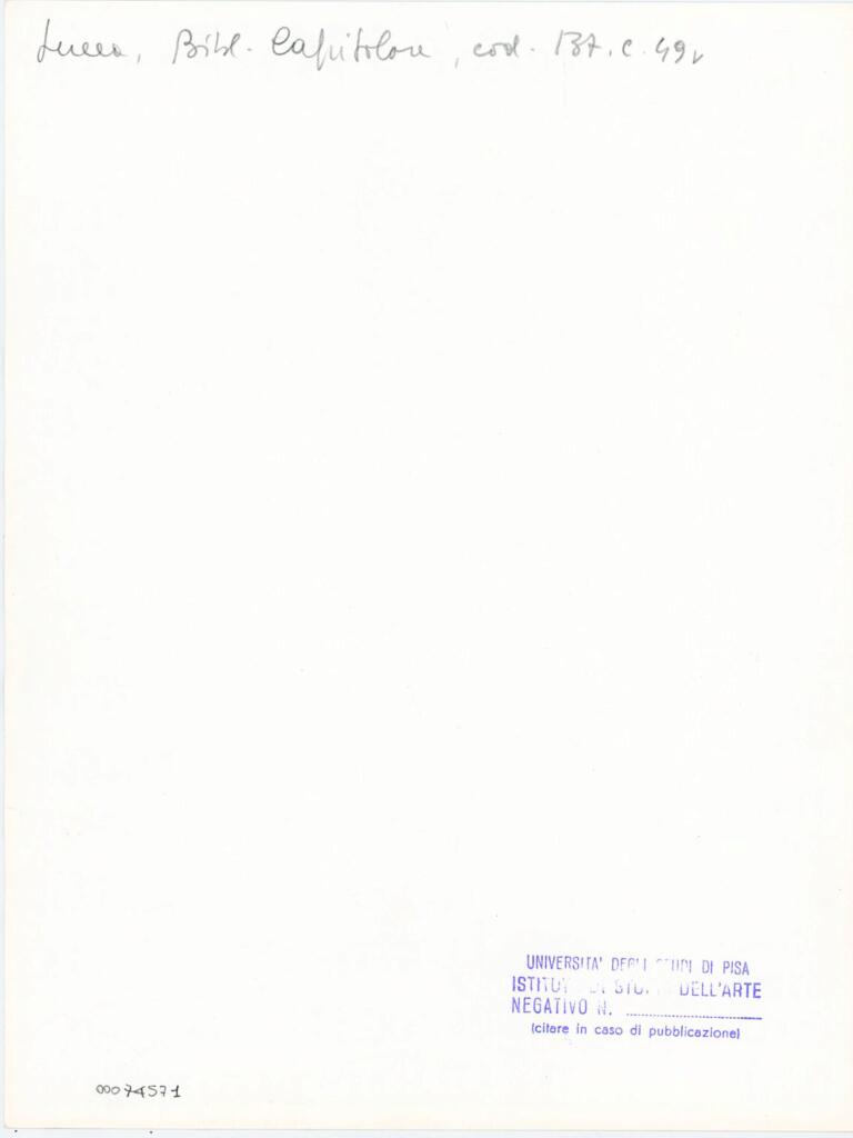 Università di Pisa. Dipartimento di Storia delle Arti , Anonimo italiano - sec. XIII, ultimo quarto - Lucca, Biblioteca Capitolare Feliniana, Ms. 137, f. 49v, particolare , retro