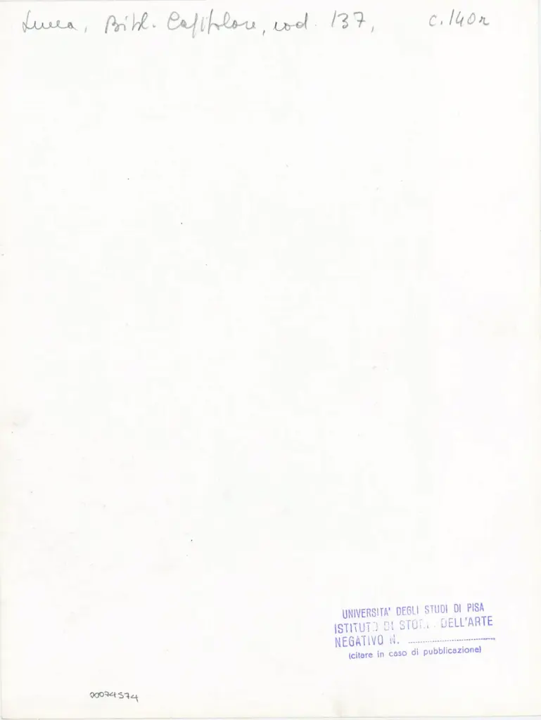 Universit&agrave; di Pisa. Dipartimento di Storia delle Arti , Anonimo italiano - sec. XIII, ultimo quarto - Lucca, Biblioteca Capitolare Feliniana, Ms. 137, f. 140r, intero , retro