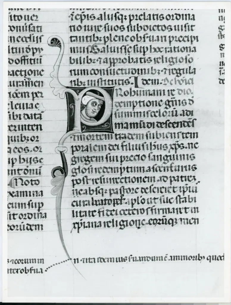 Anonimo italiano sec. XIII , Iniziale P, Iniziale abitata, Ritratto di uomo con cappello, Motivi decorativi fitomorfi