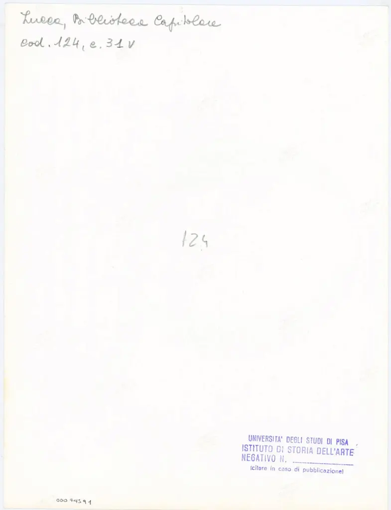 Universit&agrave; di Pisa. Dipartimento di Storia delle Arti , Anonimo italiano - sec. XI, terzo quarto - Lucca, Biblioteca Capitolare Feliniana, Ms. 124, f. 31v, particolare , retro