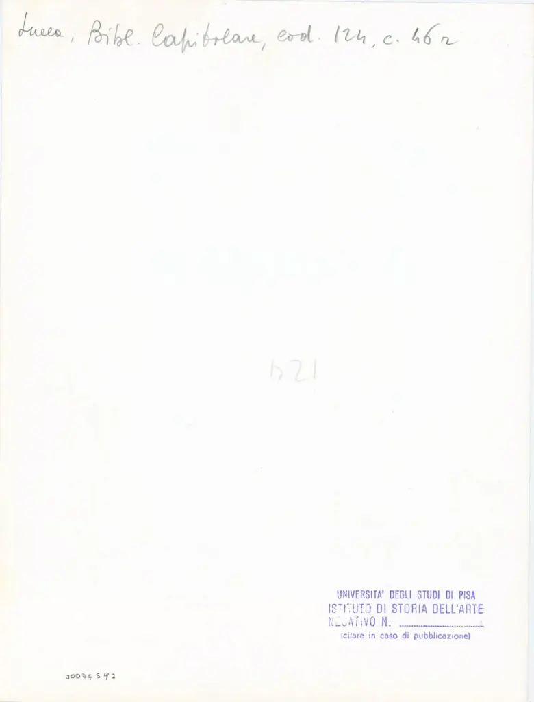 Università di Pisa. Dipartimento di Storia delle Arti , Anonimo italiano - sec. XI, terzo quarto - Lucca, Biblioteca Capitolare Feliniana, Ms. 124, f. 46r, particolare , retro