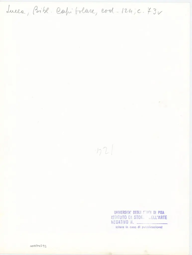 Università di Pisa. Dipartimento di Storia delle Arti , Anonimo italiano - sec. XI, terzo quarto - Lucca, Biblioteca Capitolare Feliniana, Ms. 124, f. 73v, particolare , retro