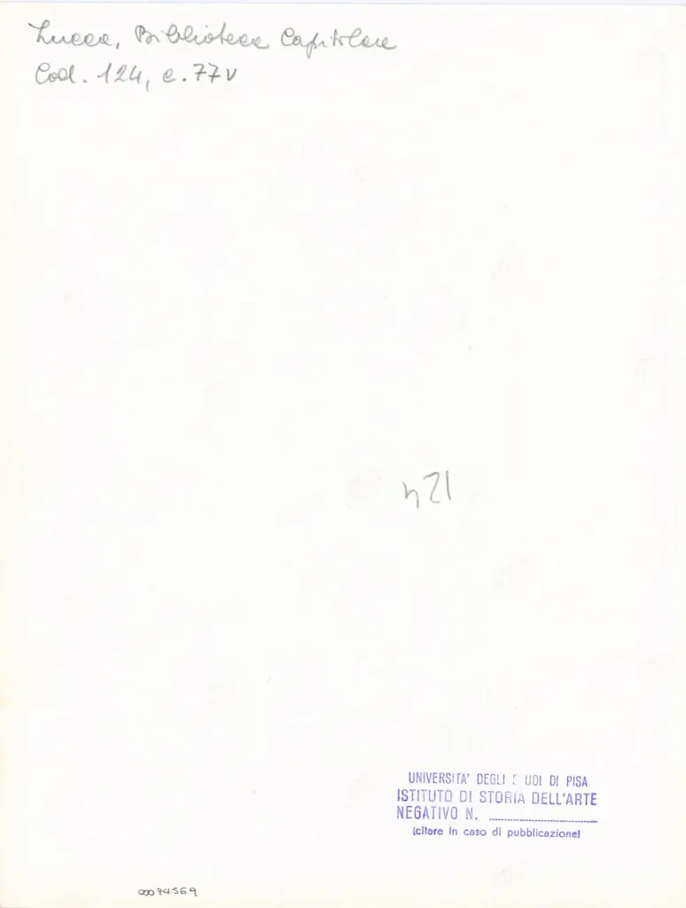 Universit&agrave; di Pisa. Dipartimento di Storia delle Arti , Anonimo italiano - sec. XI, terzo quarto - Lucca, Biblioteca Capitolare Feliniana, Ms. 124, f. 77v, particolare , retro