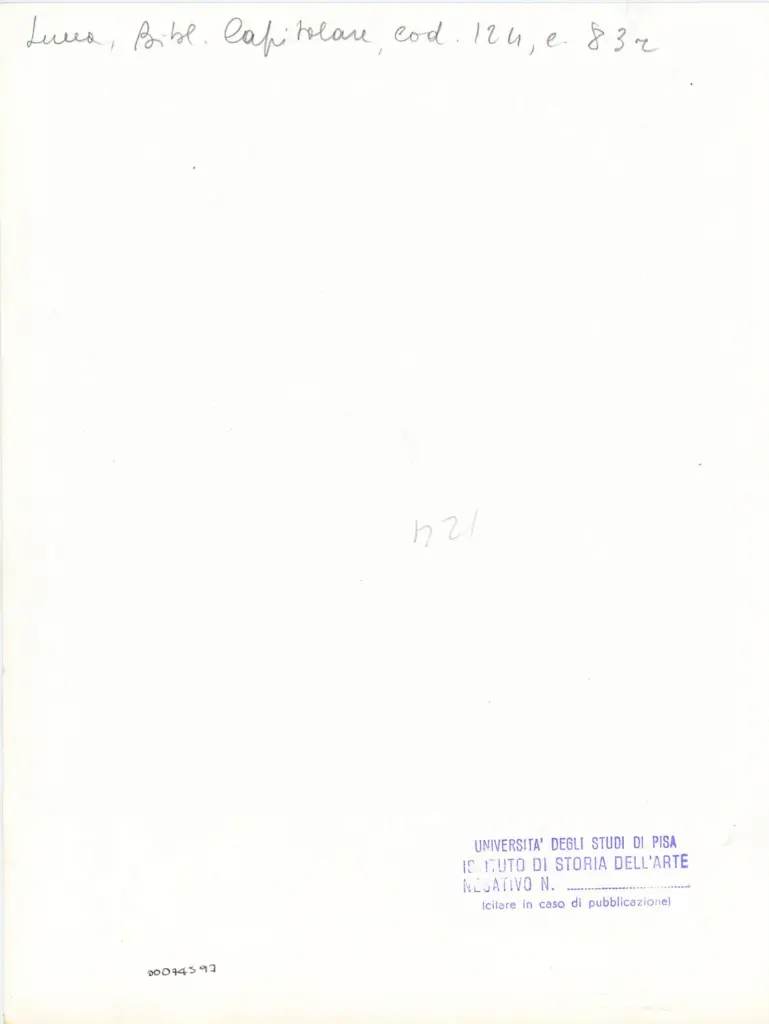 Universit&agrave; di Pisa. Dipartimento di Storia delle Arti , Anonimo italiano - sec. XI, terzo quarto - Lucca, Biblioteca Capitolare Feliniana, Ms. 124, f. 83r, particolare , retro