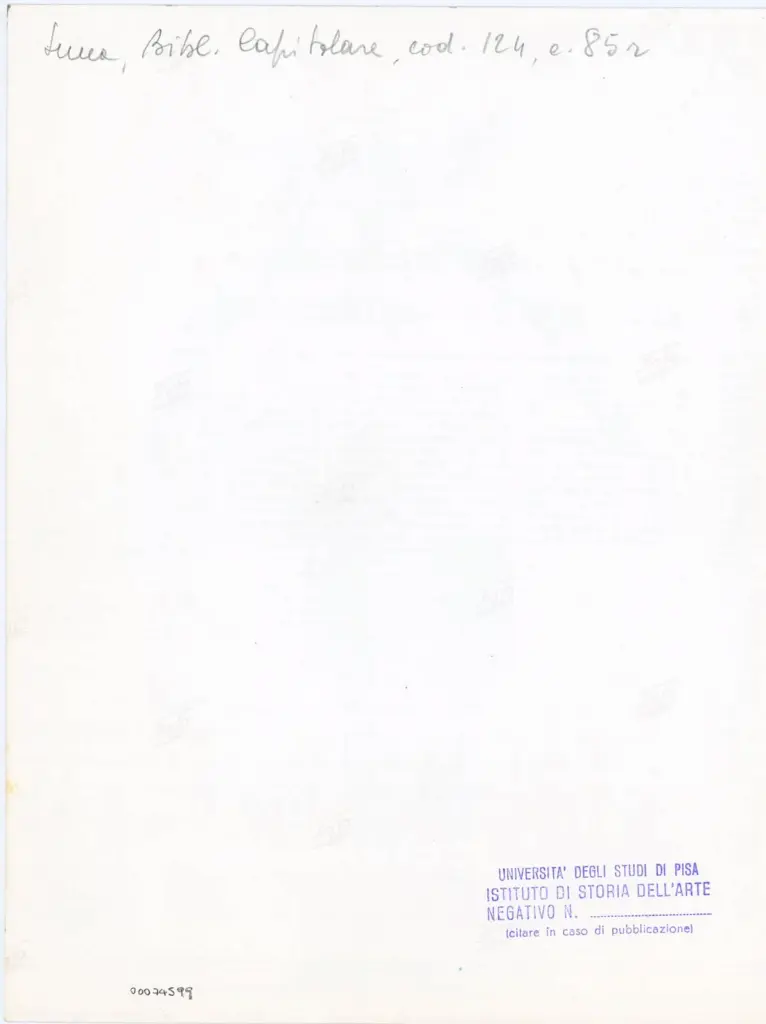 Universit&agrave; di Pisa. Dipartimento di Storia delle Arti , Anonimo italiano - sec. XI, terzo quarto - Lucca, Biblioteca Capitolare Feliniana, Ms. 124, f. 85r, particolare , retro