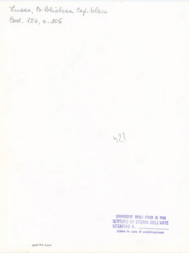 Universit&agrave; di Pisa. Dipartimento di Storia delle Arti , Anonimo italiano - sec. XI, terzo quarto - Lucca, Biblioteca Capitolare Feliniana, Ms. 124, f. 106r, particolare , retro