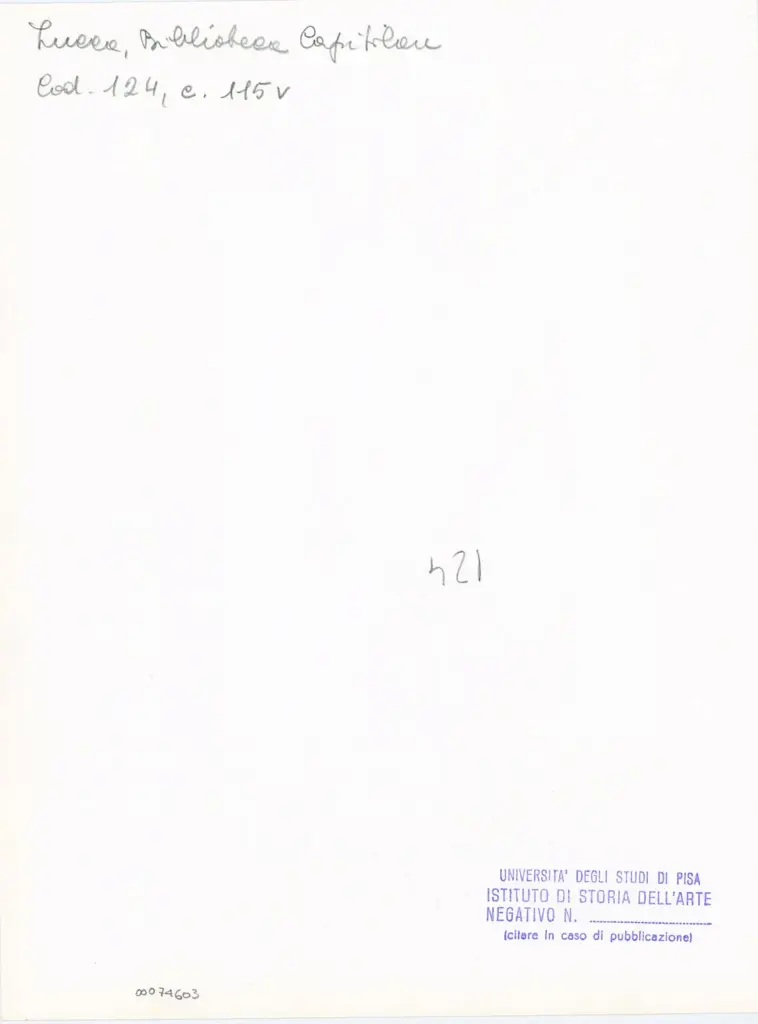 Università di Pisa. Dipartimento di Storia delle Arti , Anonimo italiano - sec. XI, terzo quarto - Lucca, Biblioteca Capitolare Feliniana, Ms. 124, f. 115v, particolare , retro